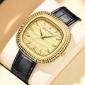 Reloj Hannah Martin cuadrado dorado con correa de cuero negro y esfera de lujo - Estilo de Patrón de Olas Dorado (1611JH)