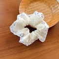 Chic blue polka dot and white lace scrunchie for women with ballet style flair - White Polka Dot Lace Patchwork