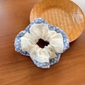 Sky blue daisy print hair scrunchie with white lace embroidery detail and a grid edge - Blue Floral Lace Patchwork
