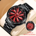 Men's fashion quartz watch with rotating red turbine dial and black stainless steel band - All Black Style (LT08RE)