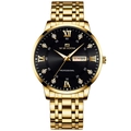 Men's gold stainless steel business watch with black dial and day-date display feature - Gold