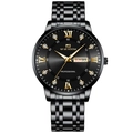 Men's business quartz watch in black steel with gold roman numerals and day-date display - Gold with Black Dial