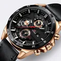 Men's outdoor quartz watch with rose gold case, black leather strap, and multi-dial calendar - Rose Gold Case Black Strap Black Dial