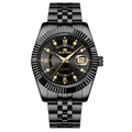 Men's fashion black stainless steel watch with fluted bezel and luminous dial - All Black