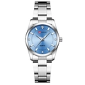 Silver stainless steel business watch for women with sunray blue dial and crystal markers - Blue