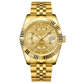 Luxury men's gold quartz watch with fluted bezel, roman numerals, and date window - Gold