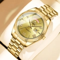Orologio al quarzo dorato da uomo, cinturino in acciaio, lunetta zigrinata, giorno e data - Quadrante Oro Cinturino Oro (2991JJ)