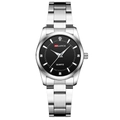Women's quartz watch with black dial, silver steel band and sparkling rhinestone markers - Black