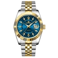 Men's two-tone gold and silver luxury quartz watch with a sunray blue dial and steel strap - Two Tone Gold Blue Dial