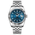 Luxury blue dial quartz watch with silver steel strap and fluted bezel for men - Silver Blue Dial