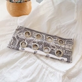 Vintage paisley headband with silver metal eyelets in beige and black print style - Paisley White