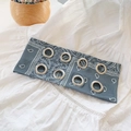 Blue-grey paisley print headband with decorative silver metal eyelets for women - Paisley Grey