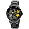 Orologio da uomo in acciaio nero con design a cerchio d'auto e pinza freno gialla - Nero & Giallo (LT02)