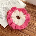 Pink and beige knitted scrunchie with handmade color-block design on wood background - Cream White + Pink