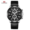 Reloj cronógrafo para hombre con correa de cuero negro y caja de acero inoxidable - Plata Negro