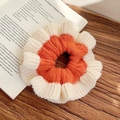 Knitted hair scrunchie in vibrant orange and cream white contrast handmade ruffle design - Orange and Off-White