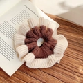 Handmade knitted scrunchie in dark brown and beige contrast color with ribbed texture - Coffee and Cream