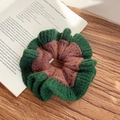 Knit scrunchie in dark green and brown red yarn with a thick wavy textured finish - Coffee + Green