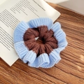 Handmade bicolor knitted scrunchie in soft blue and brown yarn for autumn hairstyles - Coffee and Sky Blue