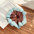 Brown and light blue color-blocking knitted scrunchie hair tie for women - Coffee and Sea Salt Blue