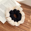 Handmade knit hair scrunchie in black and white color block with ruffled edge design - Black & Cream White