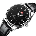 Reloj de cuarzo VA VA VOOM para hombre con correa de cuero negro y visualización de fecha - Business Casual / Caja Plateada Correa de Cuero Negro