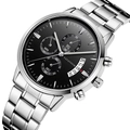 Silver stainless steel men's business watch featuring a black dial and date window - Black Dial Silver Strap