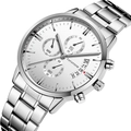Silver stainless steel men's chronograph watch with silver dial and three sub-dials - White Dial Silver Strap