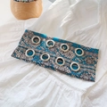 Vintage navy blue paisley headband with bohemian print and silver metal eyelets for women - Flower Sky Blue