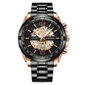 Men's sport watch with rose gold case, black steel strap and skeleton dial - Rose Gold Face (2322FH)