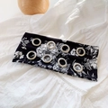 Black wide floral print headband with silver metal eyelets for women hair accessory - Large Flower Black