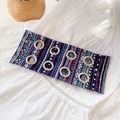 Blue bohemian wide headband with geometric floral patterns and silver metal buckles - Contrast Vertical Stripes