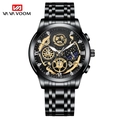 Men's black stainless steel watch featuring a mechanical hollow gold dial with sun moon phase - Black