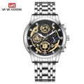 Silver steel men's watch with black dial, golden skeleton gears, and sub-dials - Silver