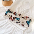 Cream vintage floral headband with butterfly print and silver metal eyelets - Butterfly Khaki White