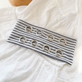 Elastic headband with black and white wavy patterns and eight silver metal grommets - White Wave Pattern