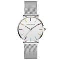 Reloj de mujer minimalista con esfera blanca, índices de colores y correa de malla plateada - Plateado con marcadores coloridos