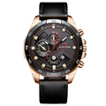 Men's quartz watch with black leather strap, rose gold case and multi-dial display - Rose Gold Black Leather (2162P-FH)