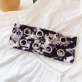 Tie-dye print headband in black and white with eight decorative silver metal eyelets - Black Tie-dye