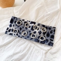 Blue-grey leopard print wide headband featuring prominent silver metal eyelet details - Leopard Print Grey