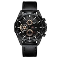 Reloj cronógrafo impermeable para hombre con correa de cuero negro y pantalla de fecha - Esfera Rosa Caja Negra Correa de Cuero Negro