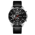 Reloj VA VOOM para hombre con esfera negra, subesferas de cronógrafo y correa de cuero negro - Esfera Negra Caja Plateada Correa de Cuero Negra