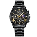 Men's stylish black stainless steel chronograph watch with date and sun-moon phase display - Gold Hands Black Chain