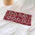 Red paisley print wide headband featuring large silver metal eyelets and boho chic design - Wine Red Floral