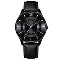 Minimalist all-black men's quartz watch with date window and black leather strap - All Black Style