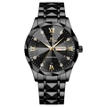 All-black men's multi-function watch with geometric cut bezel and gold Roman numerals - Day Date / Black Dial Gold Markers Black Band