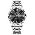Quartz men watch with black sunray dial and silver pyramid cut stainless steel strap - Day Date / Silver Case Black Dial