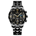 Men's business watch with black steel strap, polygonal case, and multi-function dials - Multifunction Chronograph / Gold Markers Black Band Black Dial