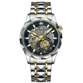 Men's skeleton dial business watch with silver and gold stainless steel strap - Gold-Silver Blue