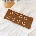 Fashionable dark brown wide headband with metallic eyelets and retro knitted texture - Solid Coffee